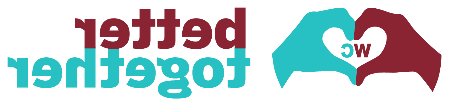 Better Together logo for Washington College featuring two hands in maroon and aqua creating a heart around the letters "WC"